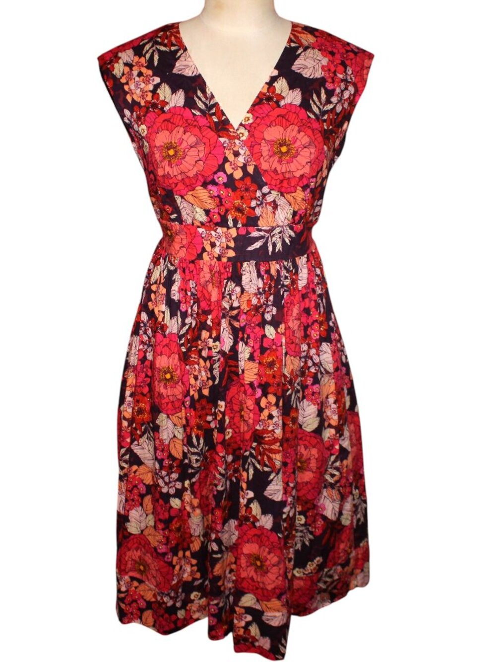 Garnet Hill Voile Jolie Dress 8P Floral Midi V-Neck Wrap Red Pink Orange Cotton